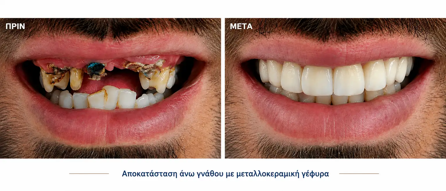 Αποκατάσταση άνω γνάθου με μεταλλοκεραμική γέφυρα πριν και μετά